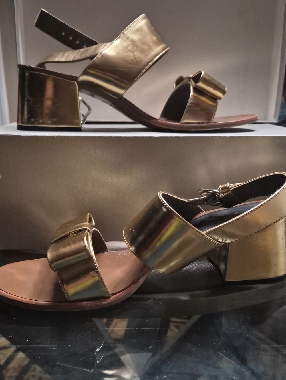 Metallic Gold Block Heel Sandals with Bow Accent